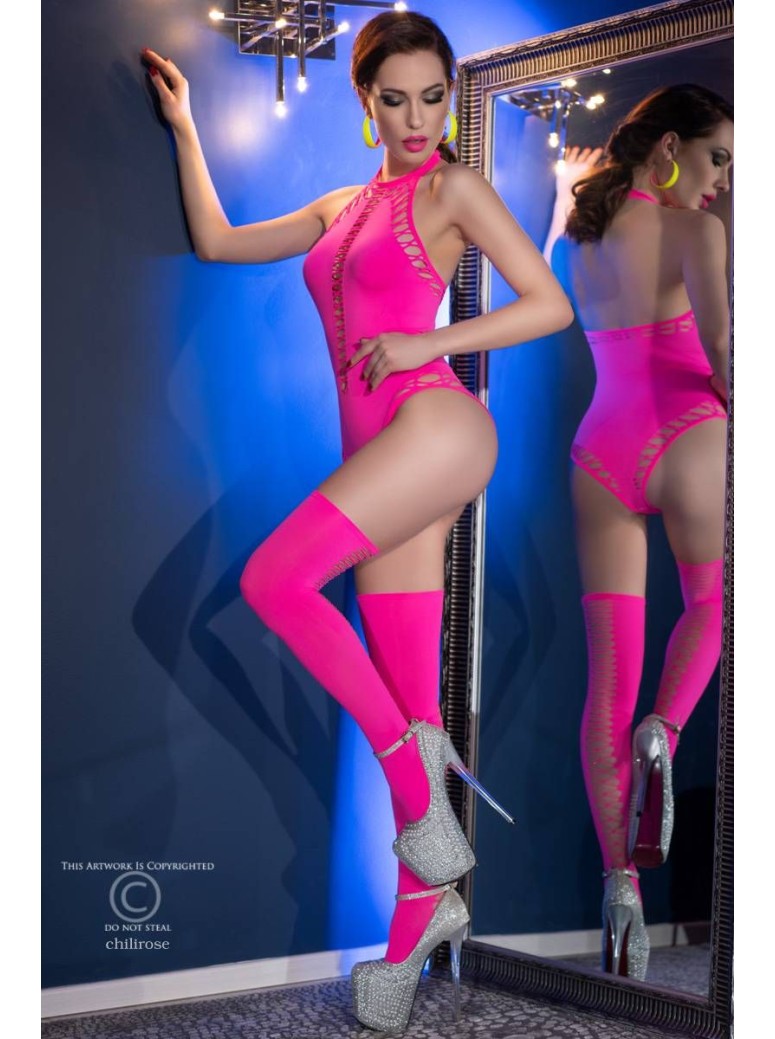 ammiccante body rosa in tessuto stretch con schiena scoperta