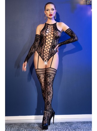 provocante bodystocking aperta all'inguine completa di guanti