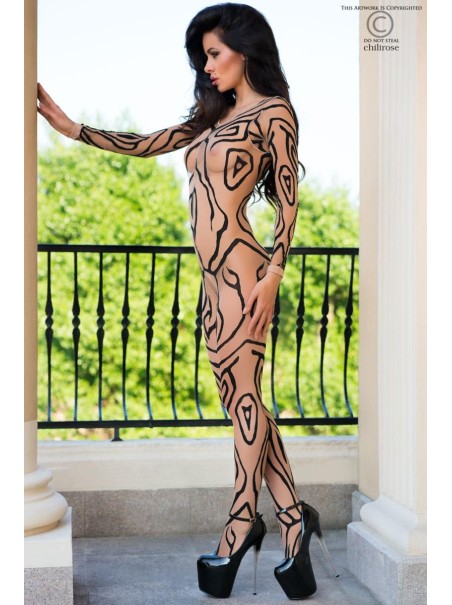 intrigante bodystocking aperta color carne con effetto tatuaggio