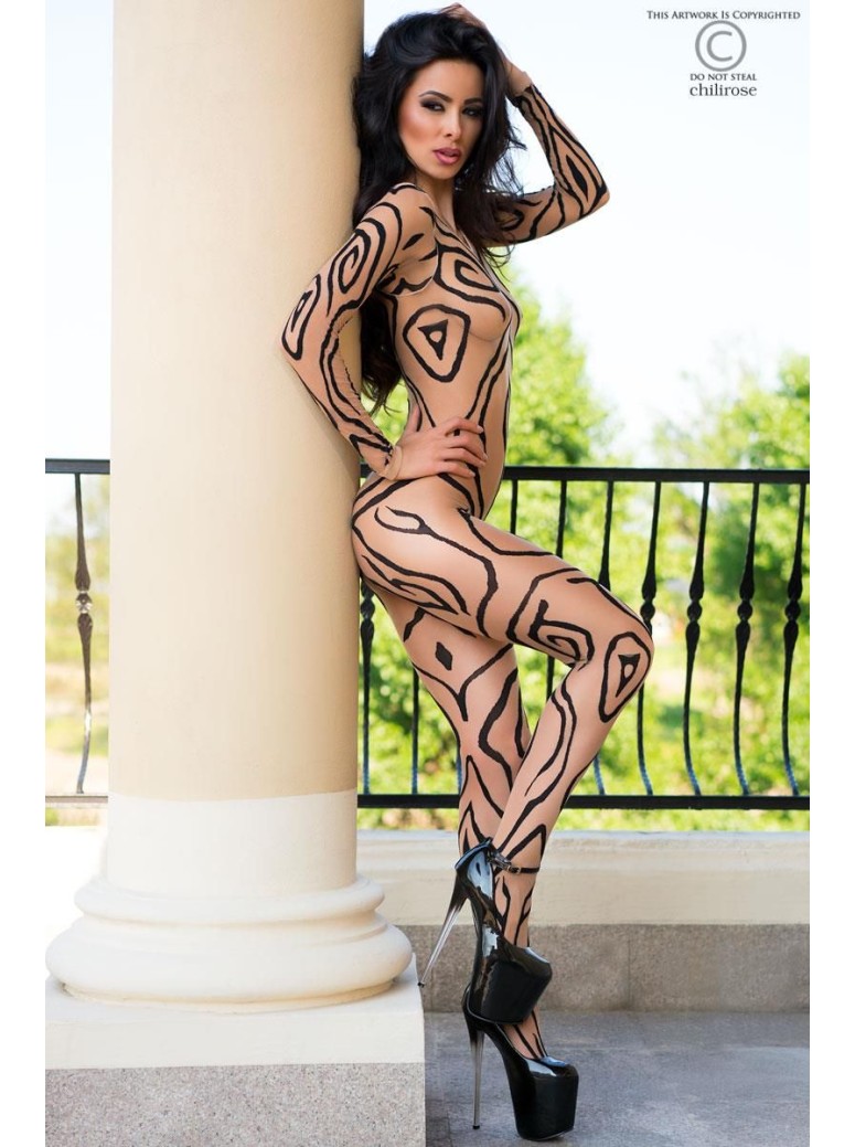 intrigante bodystocking aperta color carne con effetto tatuaggio