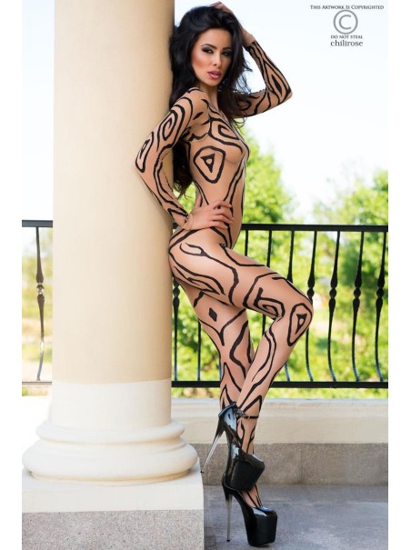 intrigante bodystocking aperta color carne con effetto tatuaggio