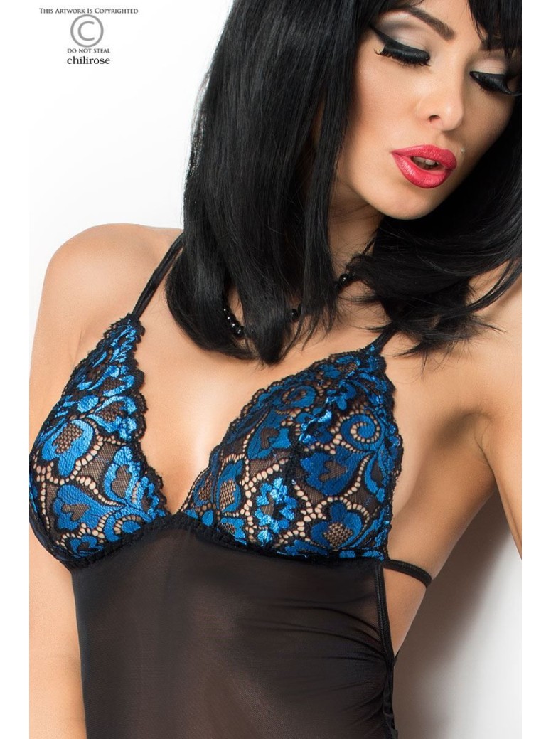 elegante chemise in tulle nero e pizzo blu con perizoma coordinato