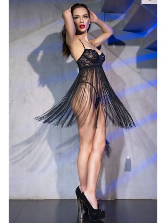 intrigante chemise nera con frange e perizoma incluso