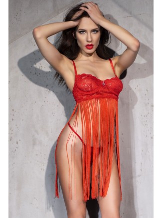 intrigante chemise rossa con frange e perizoma incluso