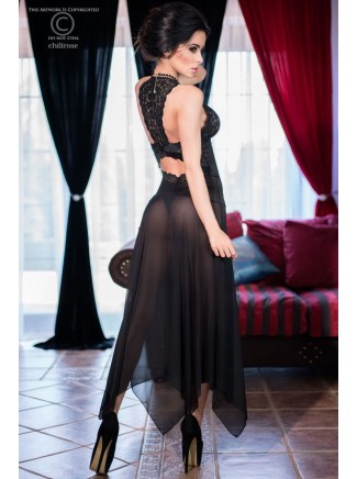 seducente chemise lunga in tulle con inserti in pizzo nero completa di perizoma 2