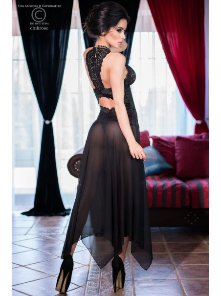 seducente chemise lunga in tulle con inserti in pizzo nero completa di perizoma seducente chemise lunga in tulle con inserti in pizzo nero completa di perizoma