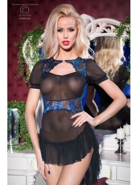 elegante chemise in tulle nero con inserti in pizzo blu inclusa di perizoma elegante chemise in tulle nero con inserti in pizzo blu inclusa di perizoma
