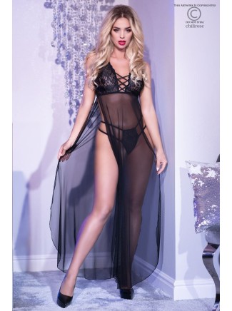 sensuale chemise lunga in tulle trasparente con perizoma coordinato