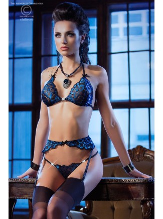 elegante completino intimo nero e blu in 3 pezzi