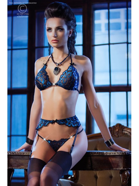 elegante completino intimo nero e blu in 3 pezzi