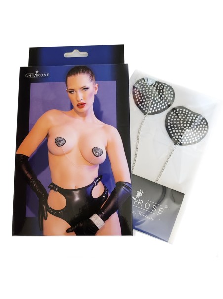 provocanti copricapezzoli a forma di cuore con strass e catenella