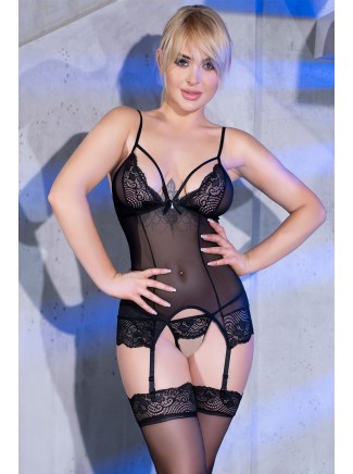 sensuale corsetto reggicalze nero con perizoma e calze coordinati