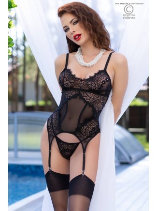 sexy corsetto in pizzo e tulle nero completo di calze e perizoma