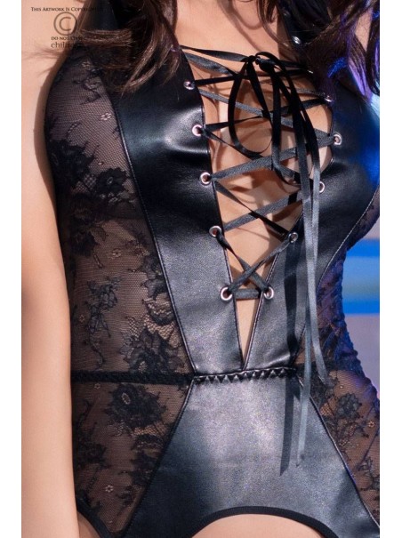 provocante corsetto in ecopelle e pizzo con perizoma incluso