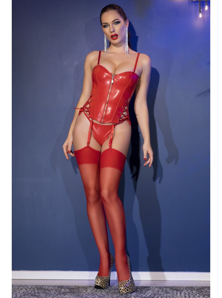 intrigante corsetto in ecopelle rossa con perizoma coordinato