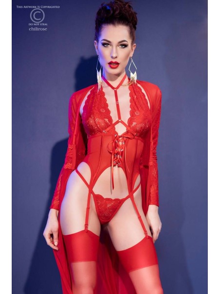 sensuale corsetto in pizzo e tulle rosso completo di perizoma e calze