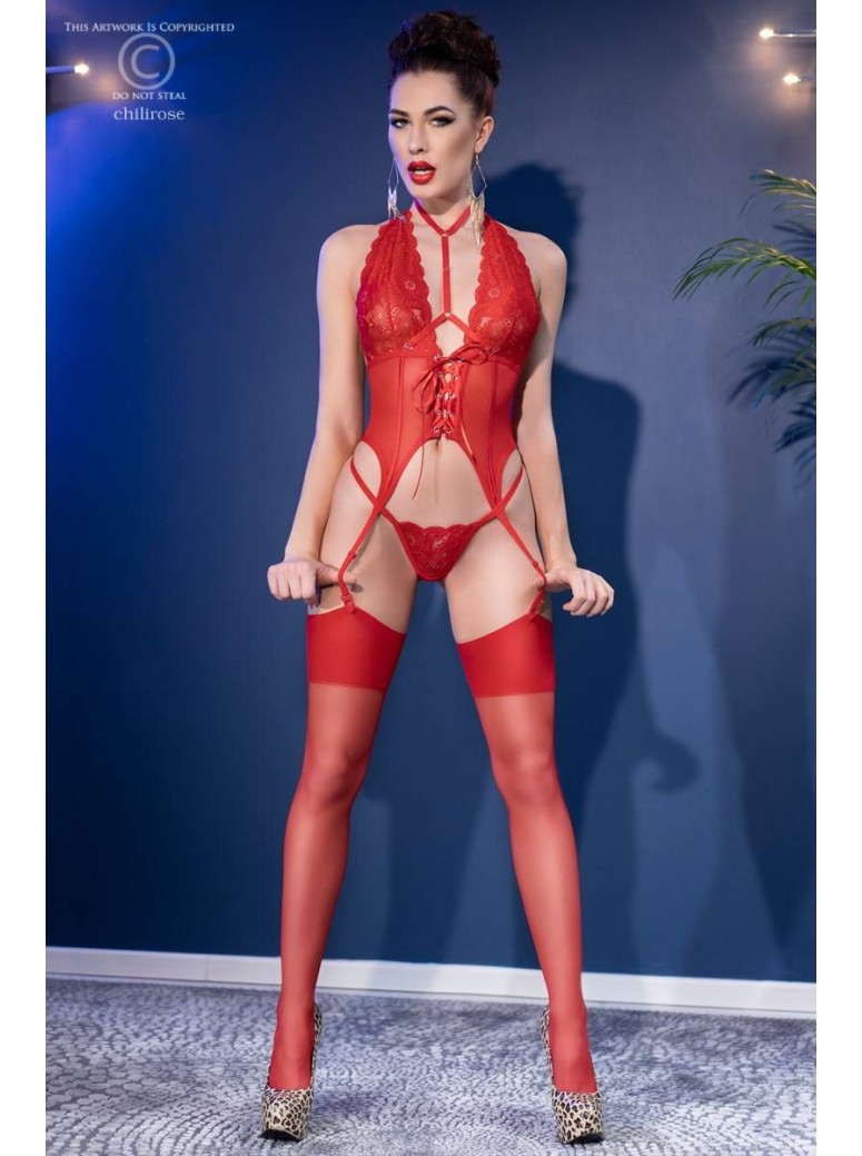 sensuale corsetto in pizzo e tulle rosso completo di perizoma e calze