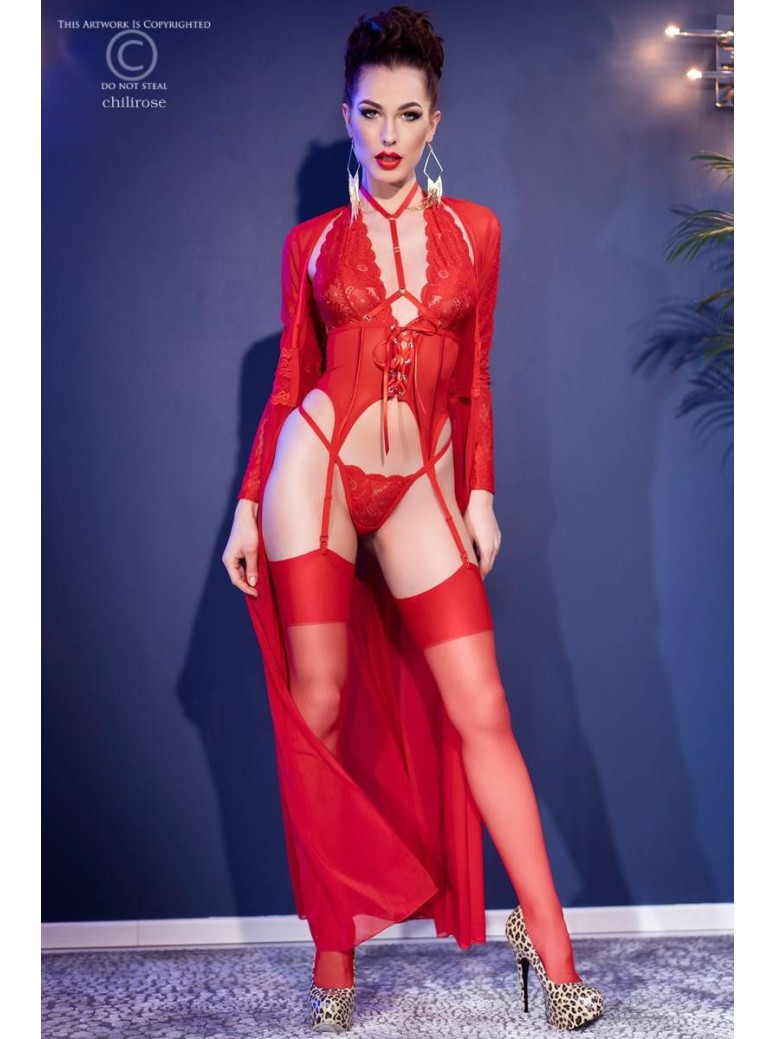 sensuale corsetto in pizzo e tulle rosso completo di perizoma e calze
