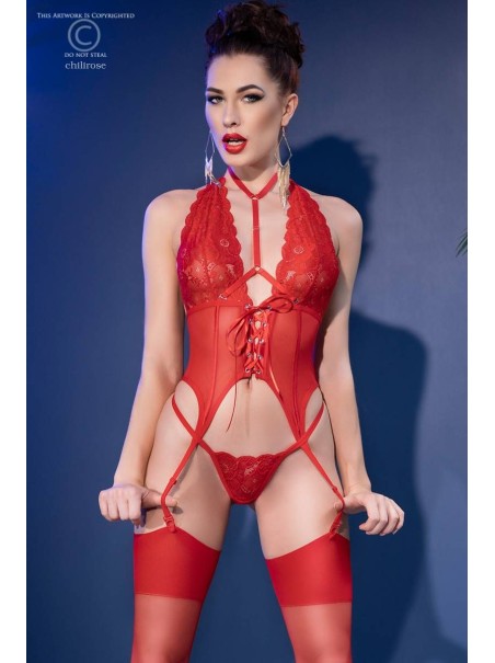 sensuale corsetto in pizzo e tulle rosso completo di perizoma e calze