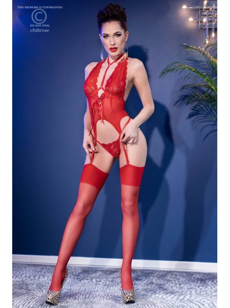 sensuale corsetto in pizzo e tulle rosso completo di perizoma e calze