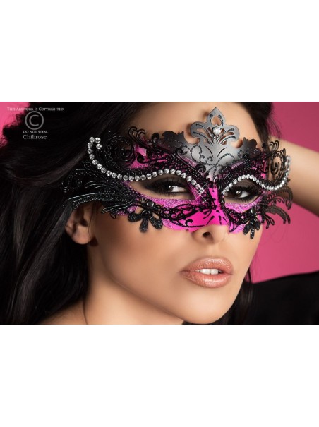 sensuale maschera in metallo nero e rosa con strass luminosi