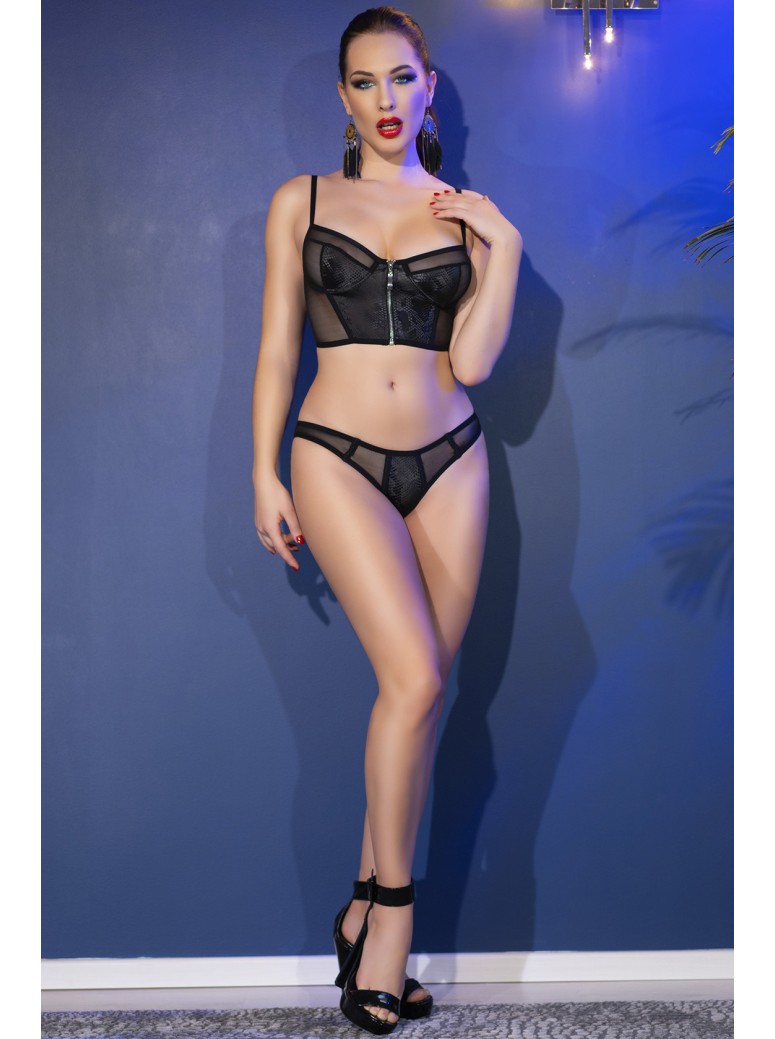 sexy corsetto e mutandine in ecopelle pitonata e microrete