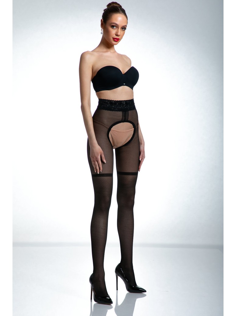 Amour Sexy collant 30 den aperti con balza in pizzo e silicone Joli