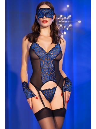 seducente corsetto blu con perizoma completo di calze guanti e mascherina