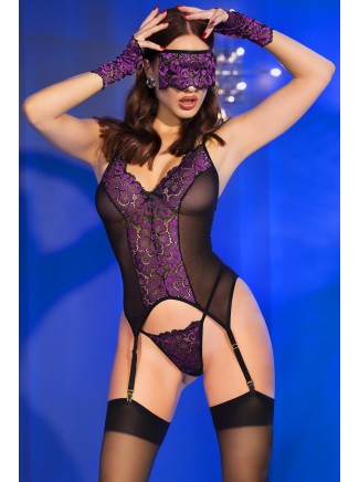 seducente corsetto viola con perizoma completo di calze guanti e mascherina