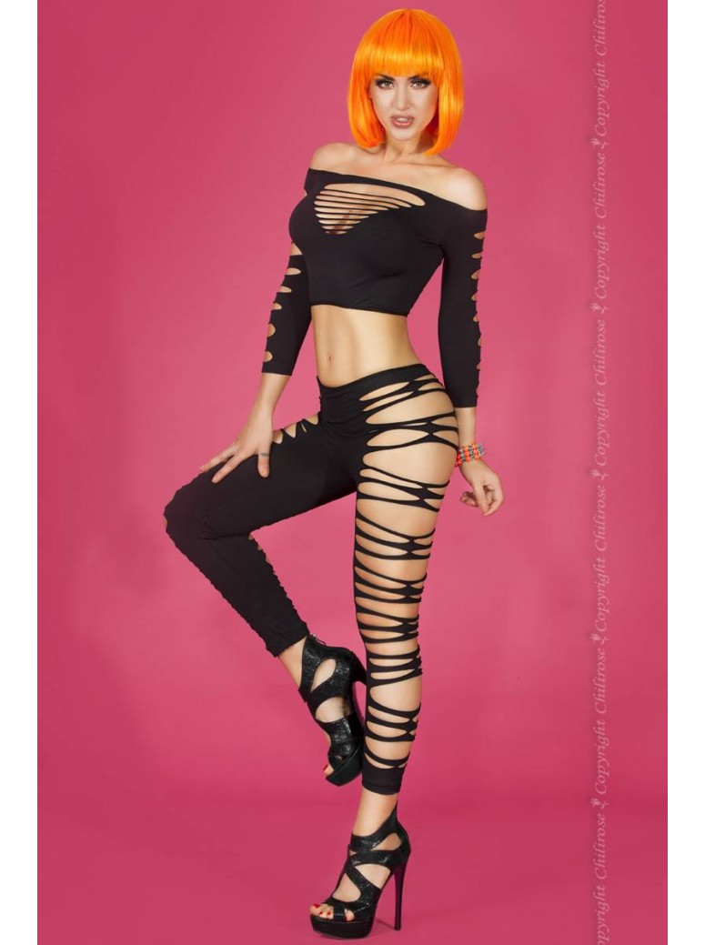 intrigante set crop top e leggings nero con sexy tagli