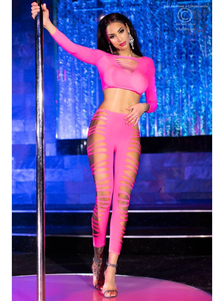 intrigante set crop top e leggings rosa con sexy tagli