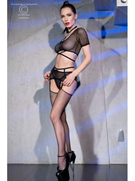 accattivante set in microrete nera in 4 pezzi con calze