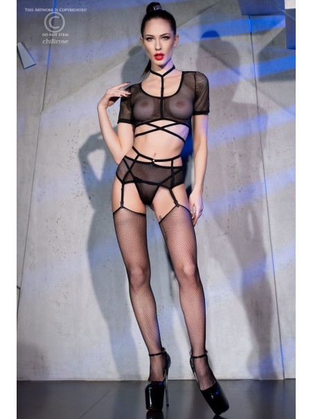 accattivante set in microrete nera in 4 pezzi con calze