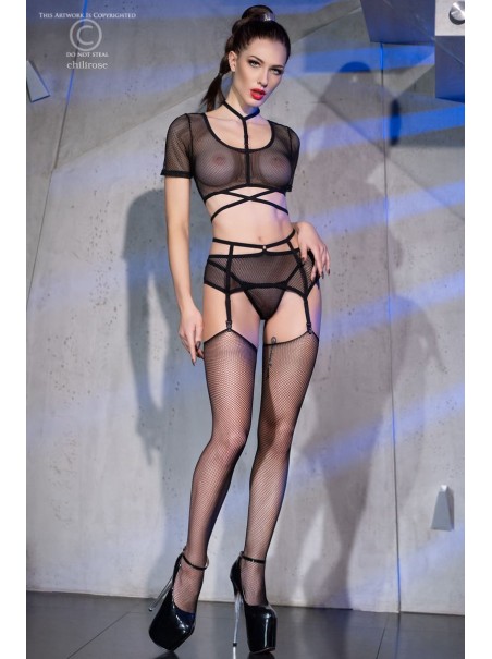 accattivante set in microrete nera in 4 pezzi con calze