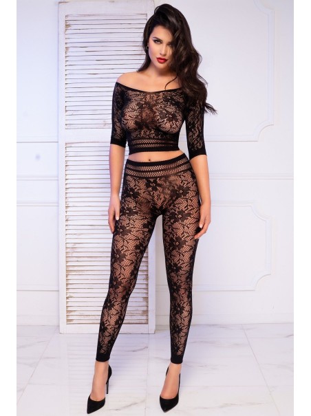 intrigante top e leggings in microrete nera