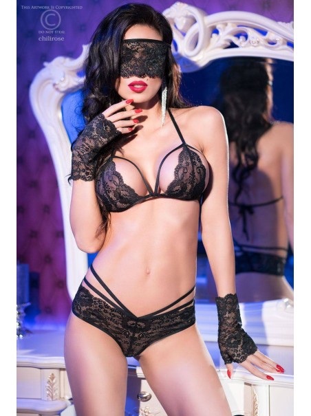 accattivante set in pizzo nero con mascherina e guanti