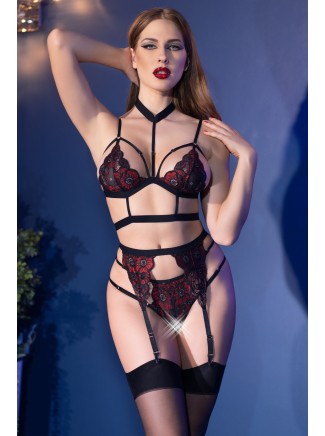 provocante set in pizzo nero e rosso 4 pezzi