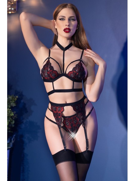 provocante set in pizzo nero e rosso 4 pezzi