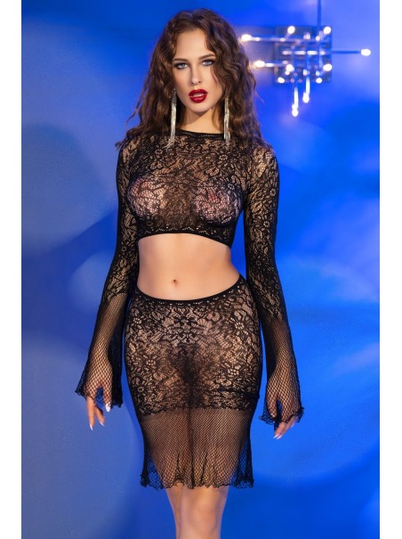 provocante set trasparente top a maniche lunghe e gonna