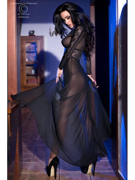 elegante vestaglia nera in tulle e pizzo con perizoma