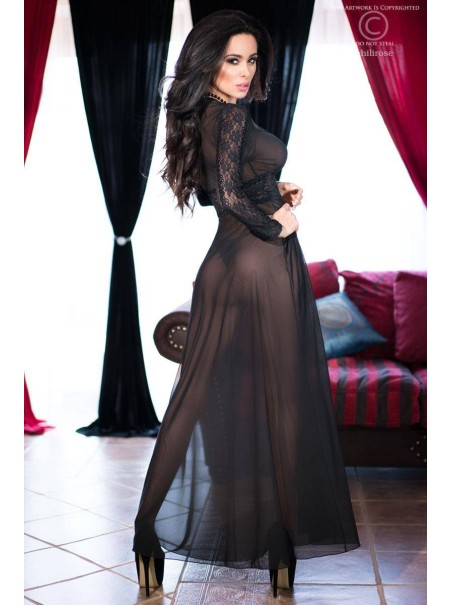 elegante vestaglia nera in tulle e pizzo con perizoma