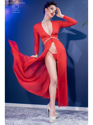 accattivante vestaglia rossa in tulle e pizzo con perizoma