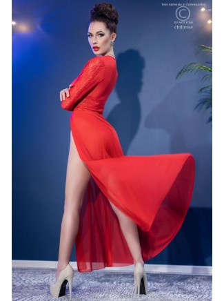 accattivante vestaglia rossa in tulle e pizzo con perizoma 2