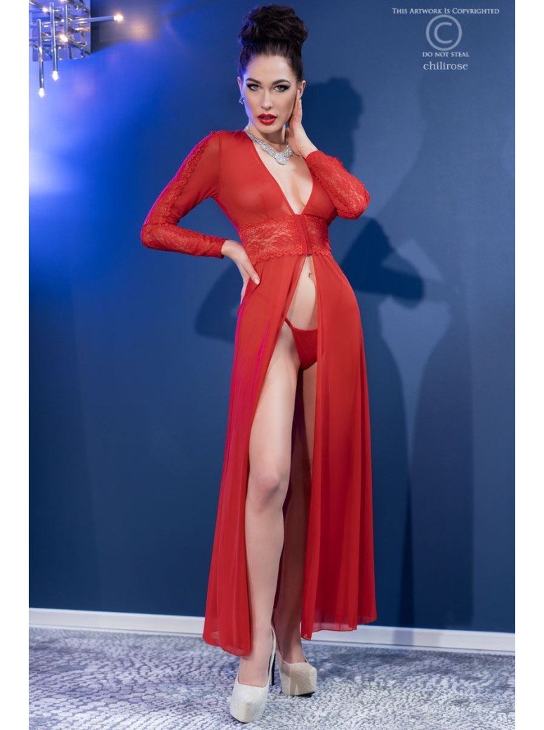 accattivante vestaglia rossa in tulle e pizzo con perizoma