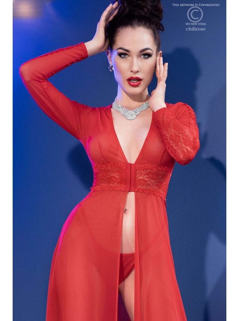 accattivante vestaglia rossa in tulle e pizzo con perizoma