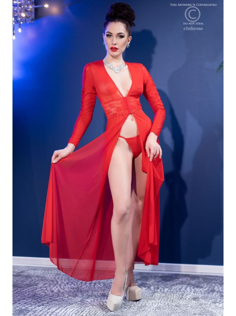 accattivante vestaglia rossa in tulle e pizzo con perizoma