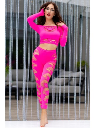 sexy top e leggings rosa neon con tagli
