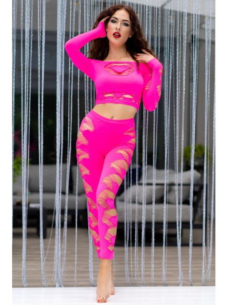sexy top e leggings rosa neon con tagli