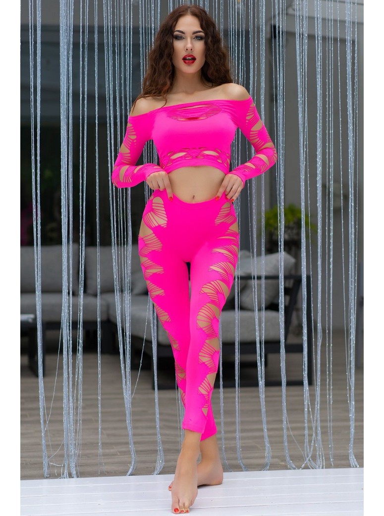 sexy top e leggings rosa neon con tagli