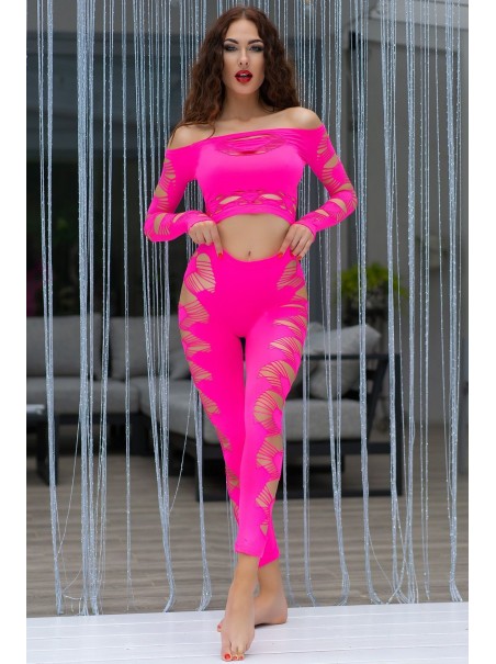 sexy top e leggings rosa neon con tagli